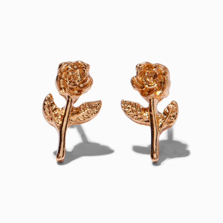 Gold-tone Rose Stem Stud Earrings