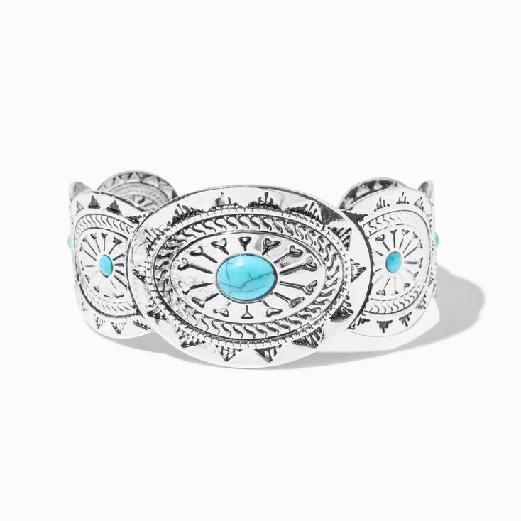 Silver-tone Turquoise Medallion Band Cuff Bracelet,