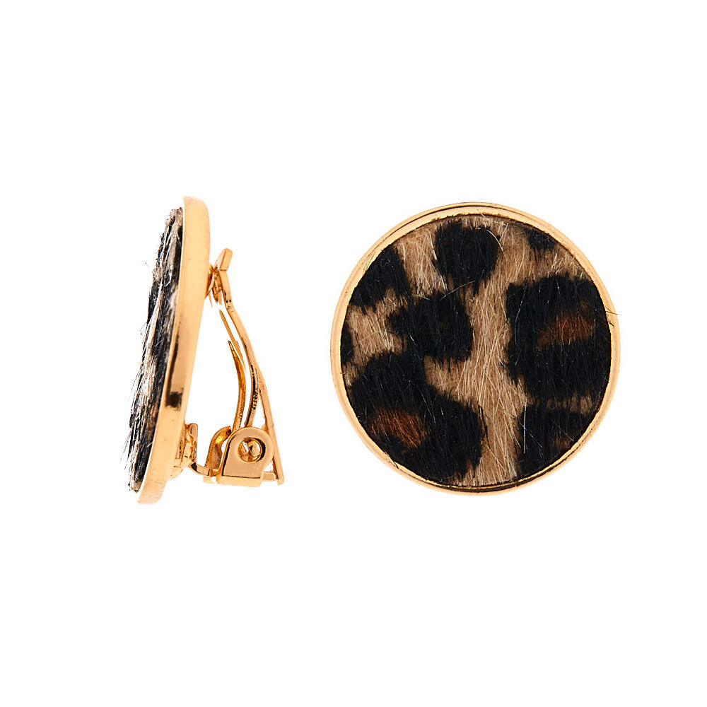 Gold Leopard Round Clip On Stud Earrings