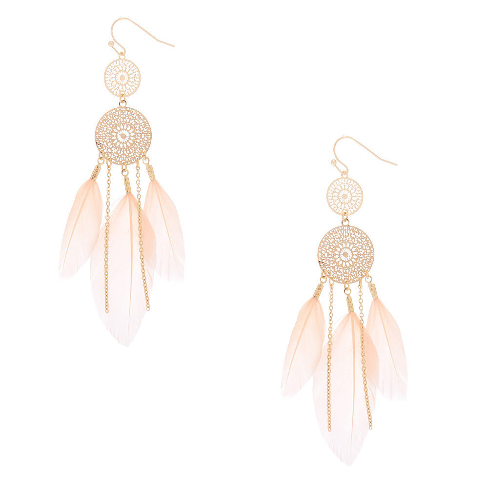 Gold 3.5" Filigree Dreamcatcher Feather Drop Earrings - Pink,