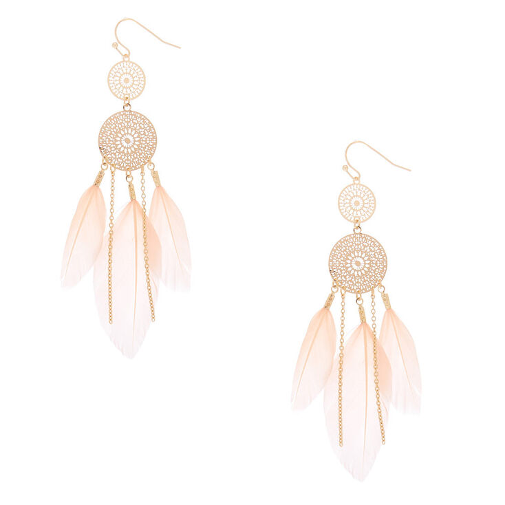 Gold 3.5&quot; Filigree Dreamcatcher Feather Drop Earrings - Pink,