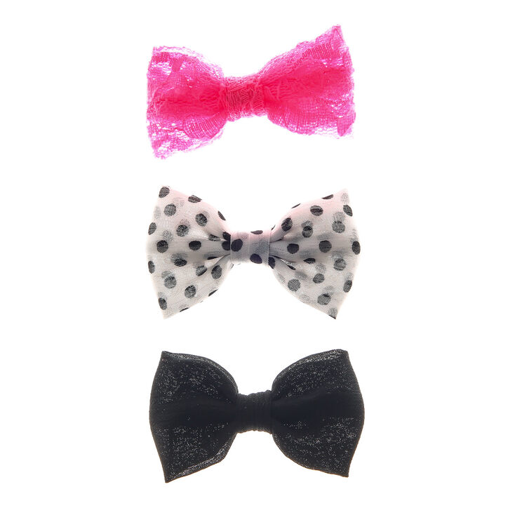 Lot de 3 barrettes &agrave; noeud rose fluo, noir et &agrave; pois,