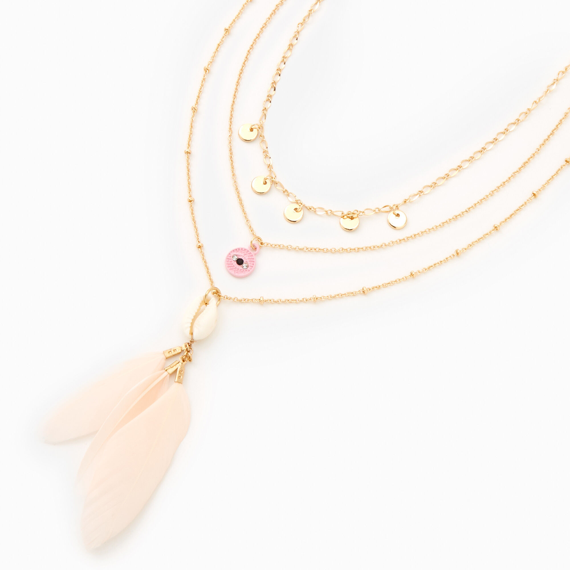 Gold Seashell Peach Feather Multi Strand Necklace Claire s US