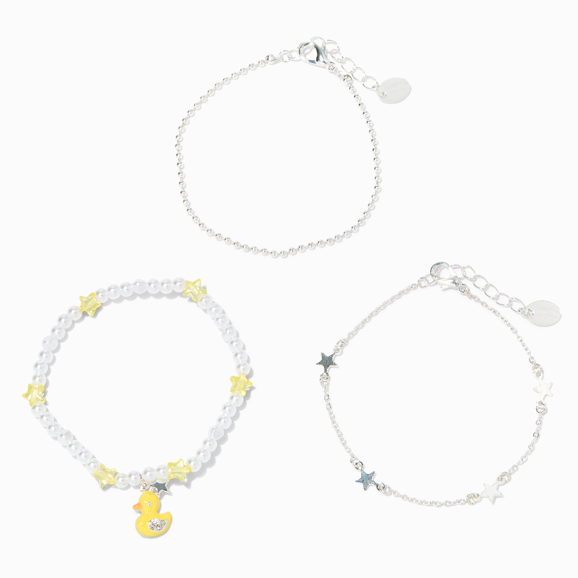 Silver Beaded Rubber Ducky Star Bracelet Set (3 Pack),