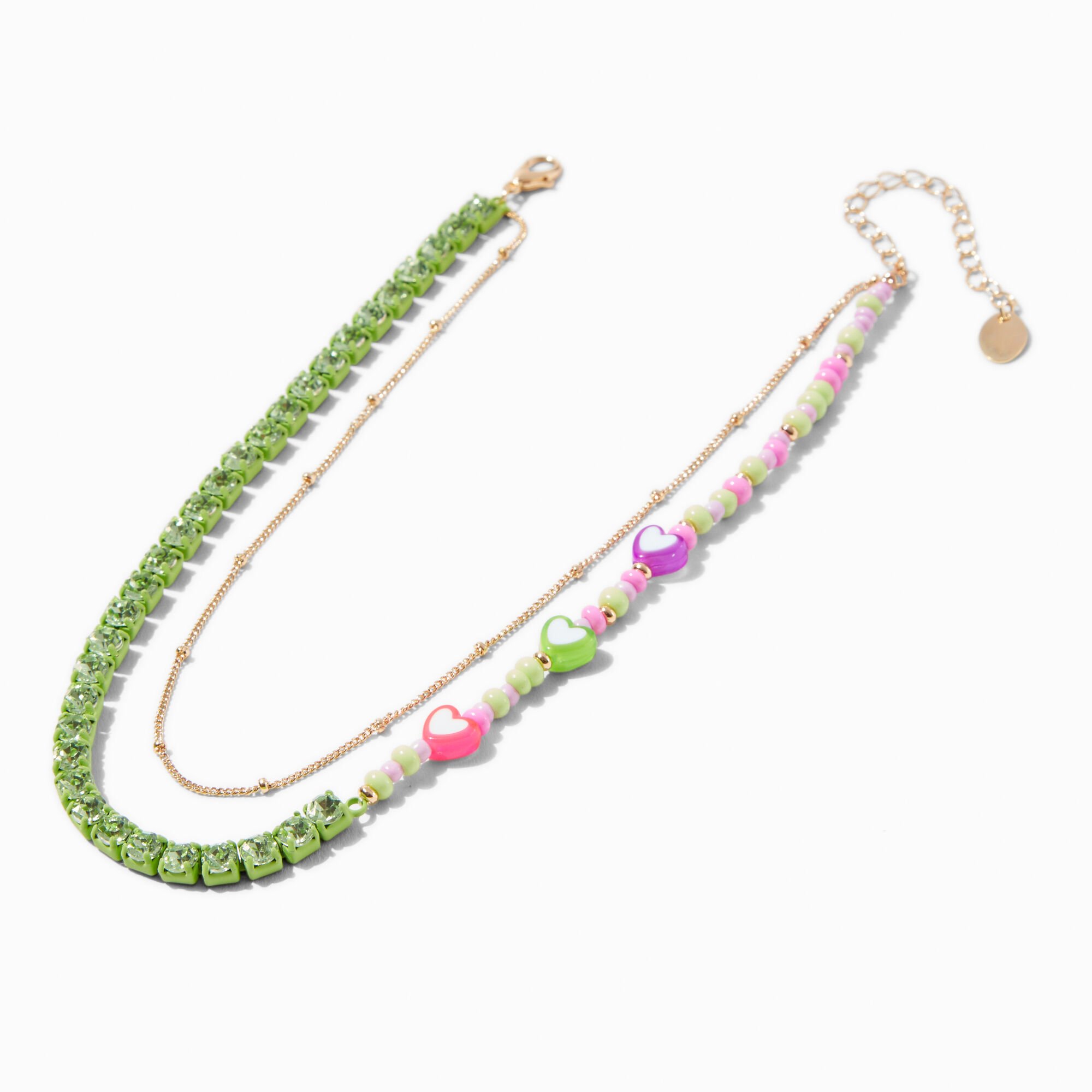 Green Heart Beaded Gold-tone Chain Multi-Strand Necklace,