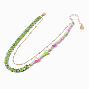Green Heart Beaded Gold-tone Chain Multi-Strand Necklace,