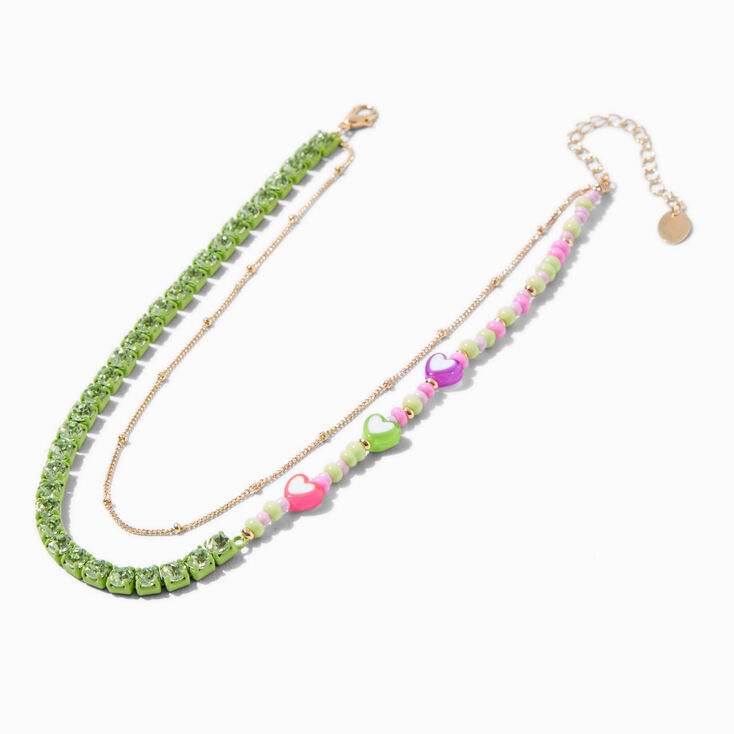 Green Heart Beaded Gold-tone Chain Multi-Strand Necklace,