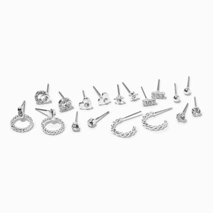 Silver-tone Mini Doorknocker Heart Crystal Stud Earrings - 9 Pack,
