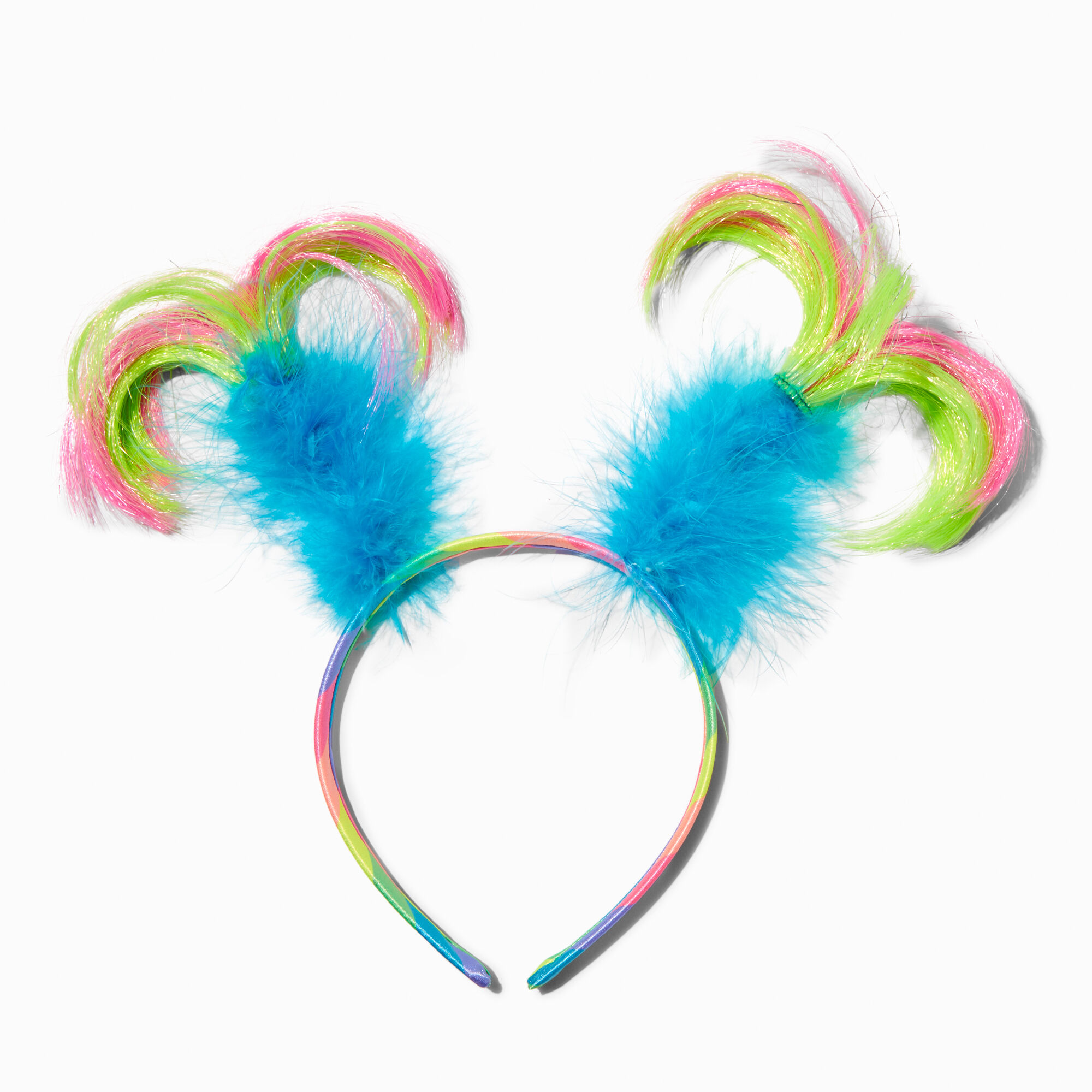 Serre-tête à antennes plumes et cheveux synthétiques arc-en-ciel,