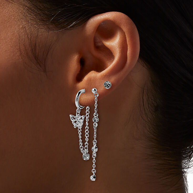 Silver-tone Butterfly Connector Earring Stackables Set - 3 Pack,