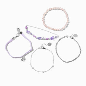 Silver Heart Purple Velvet, Beaded &amp; Chain Bracelet Set - 5 Pack,