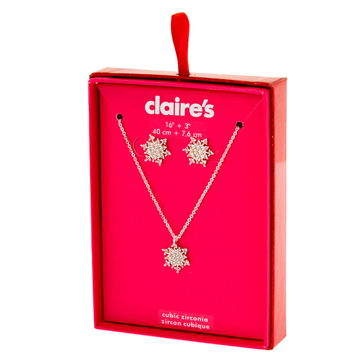 Claire's Coffret cadeau parure de bijoux flocon de neige en zircon cubique d'imitation couleur argenté - Lot de 2