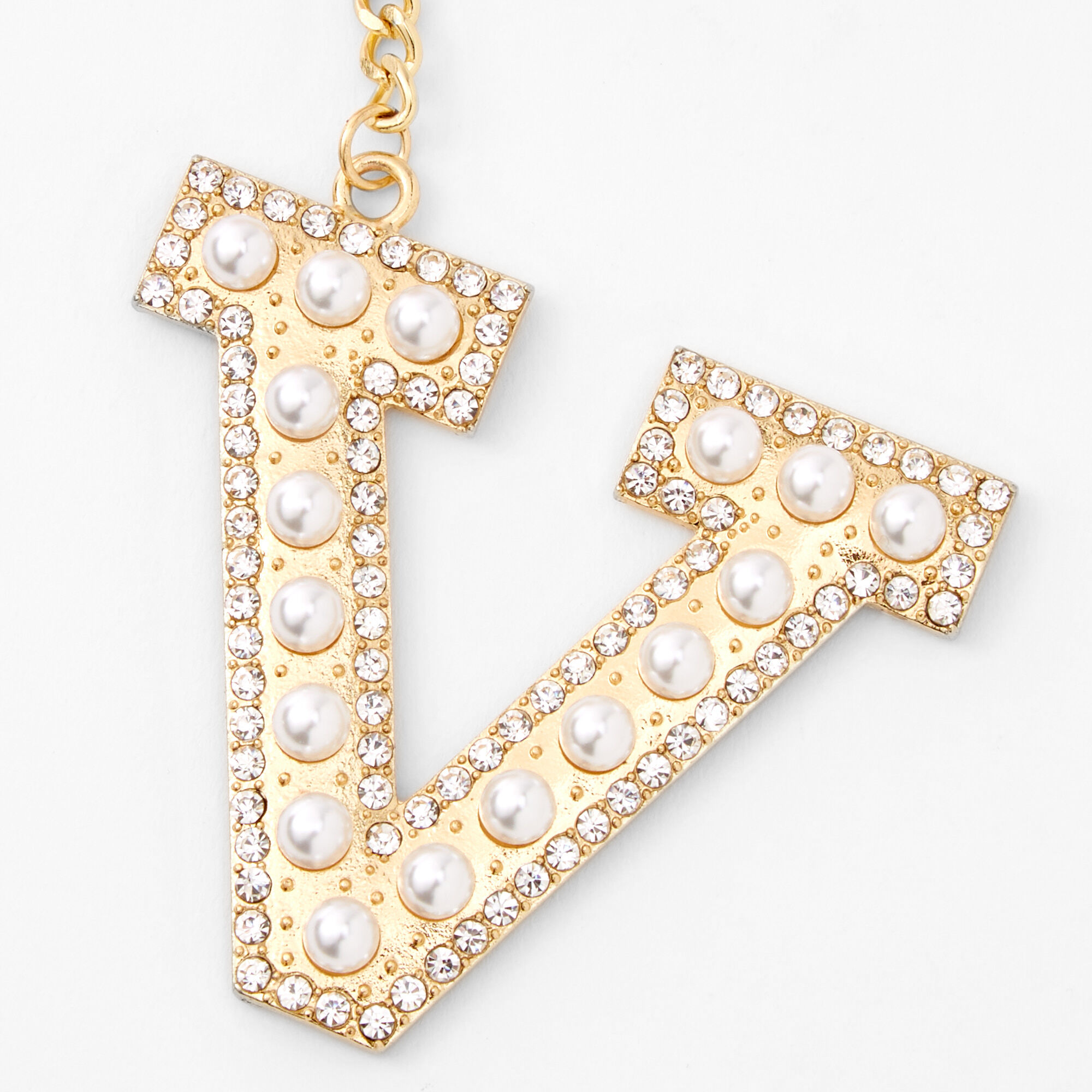 Gold Bling Initial Pom Pom Keyring - Pink, V,