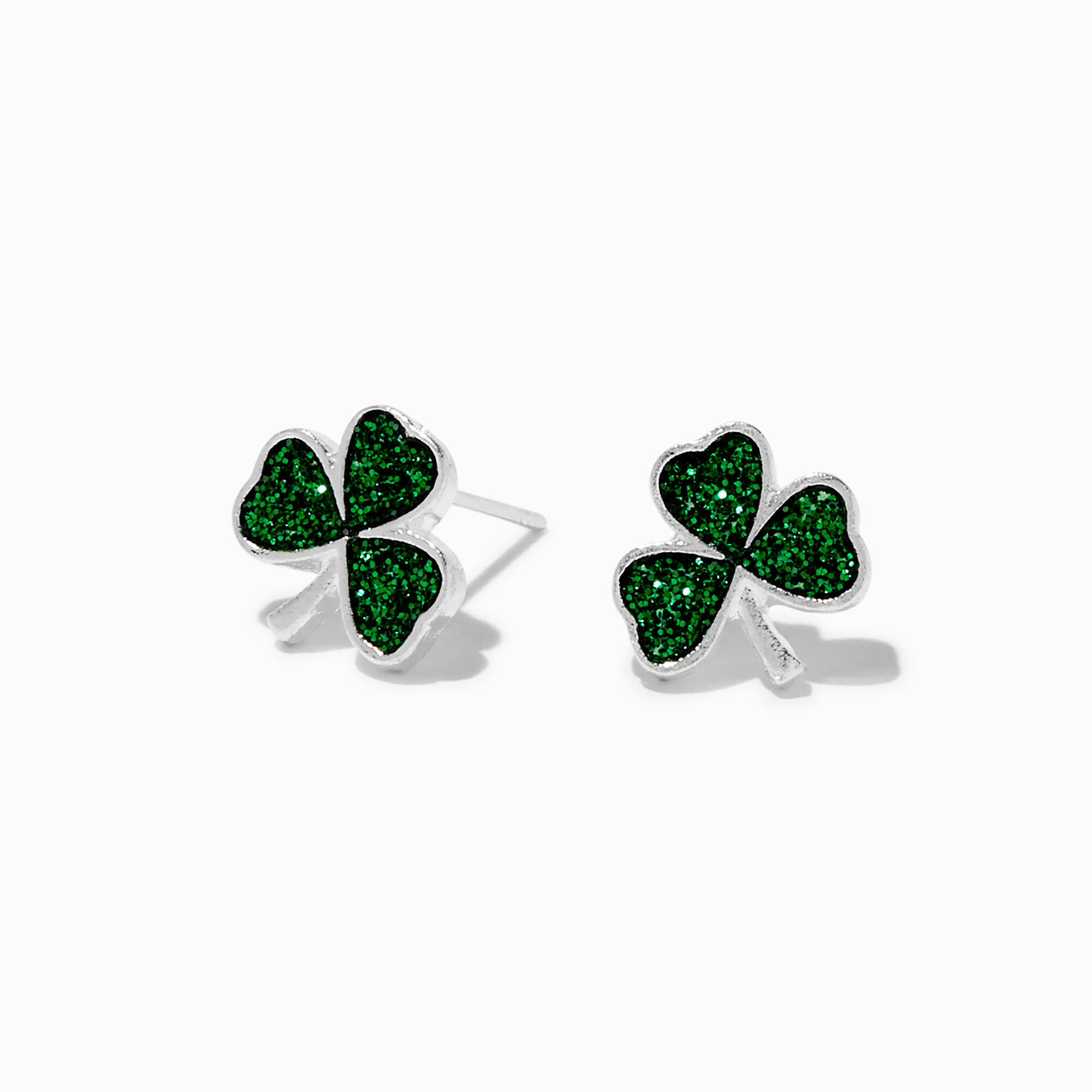 View Claires Glitter Shamrock Stud Earrings Green information