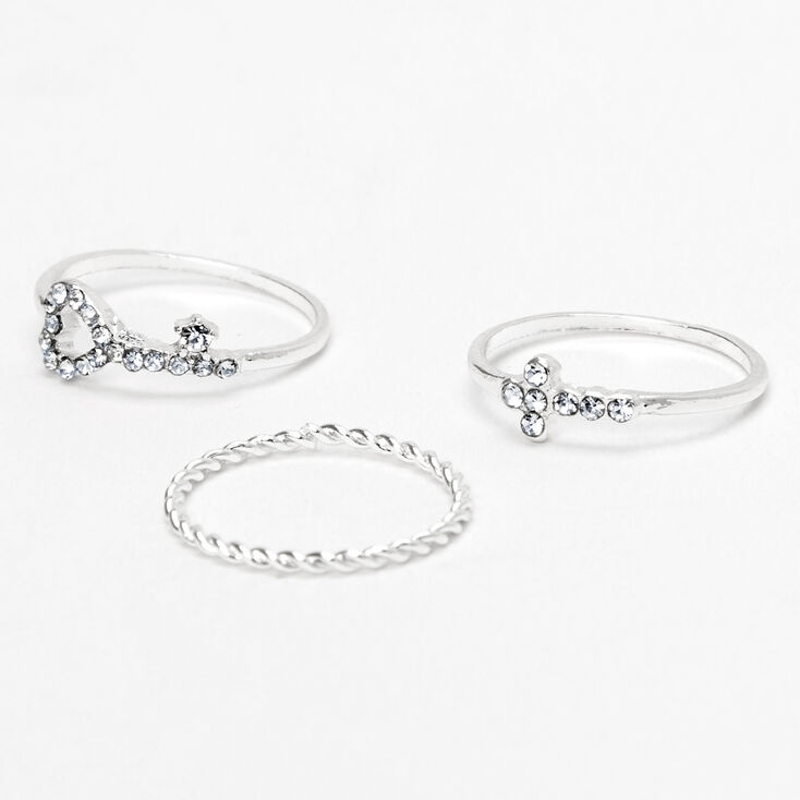 Silver Key Heart &amp; Cross Midi Rings - 3 Pack,