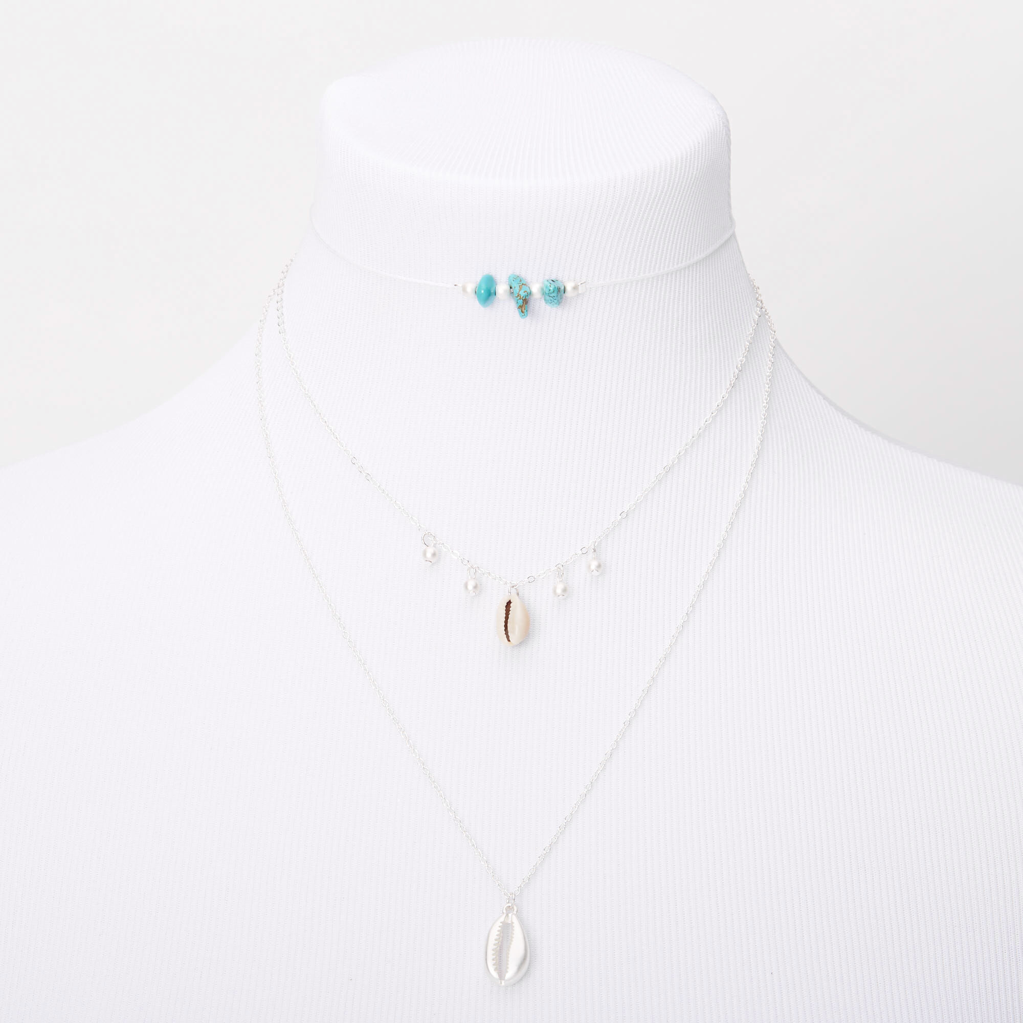 Turquoise Beaded Cowrie Shell Multi Strand Choker Necklace,