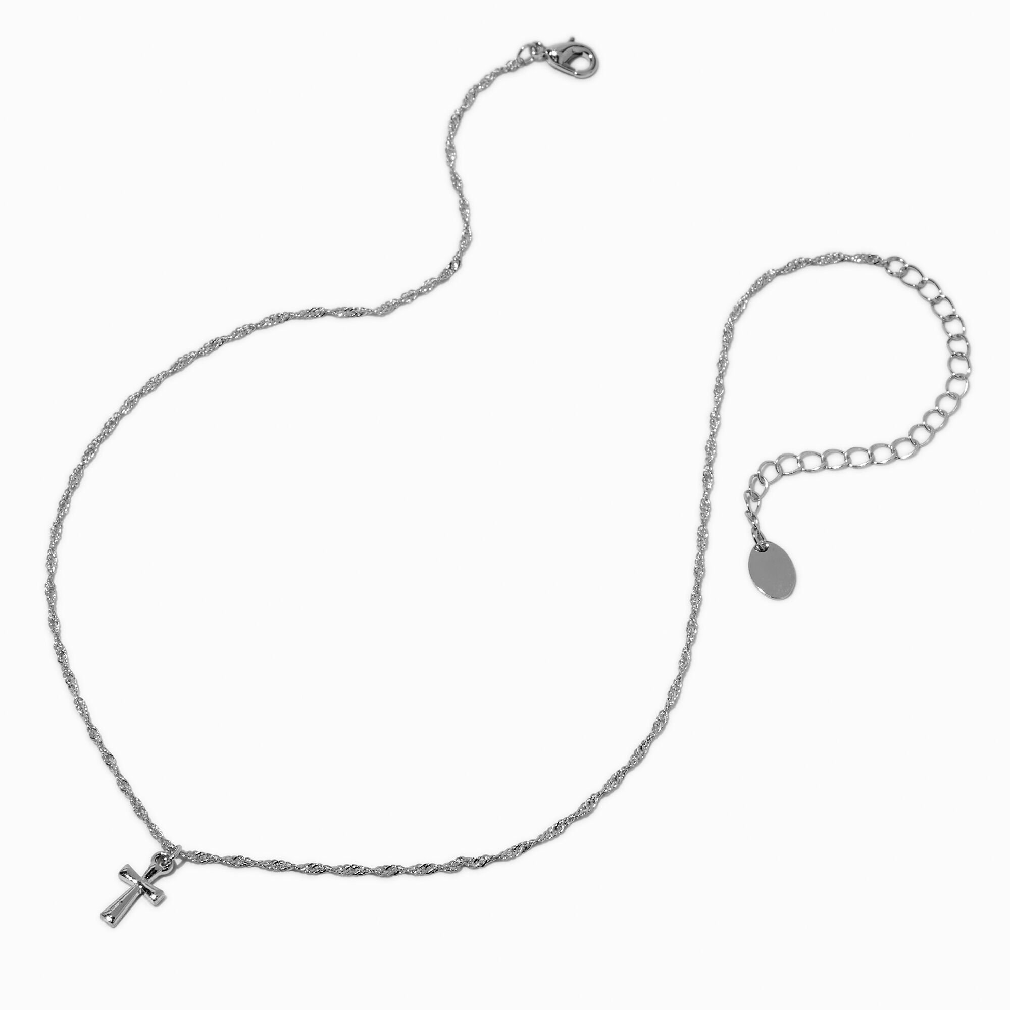 Collier pendentif croix chaîne torsadée couleur argentée,