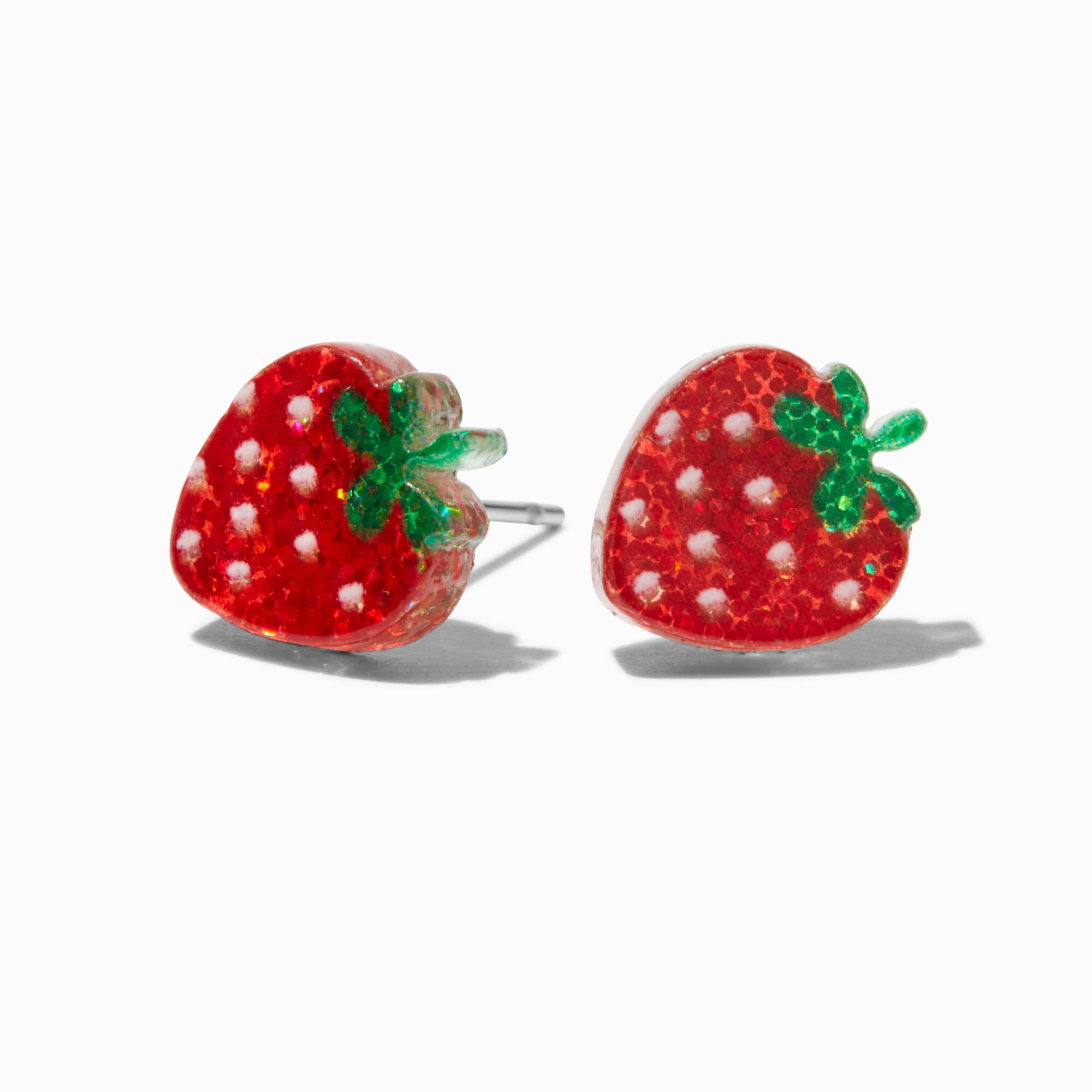 View Claires Strawberry Glitter Stud Earrings Red information