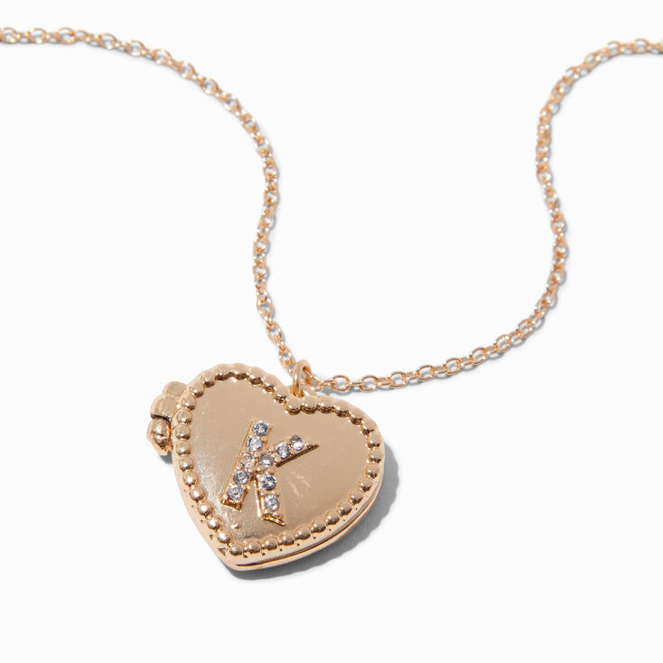 Gold-tone Heart Crystal Initial Locket Pendant Necklace - K,