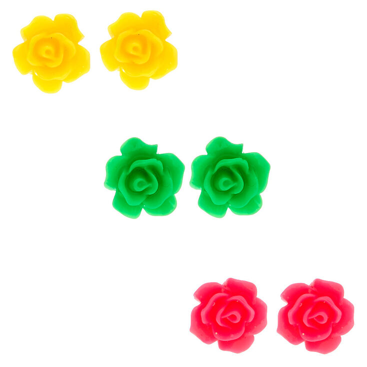 Silver Neon Rose Stud Earrings - 3 Pack,
