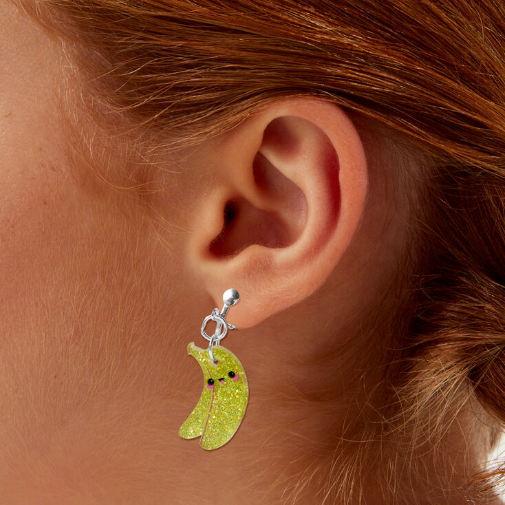 Glitter Happy Face Banana Clip-On Drop Earrings,