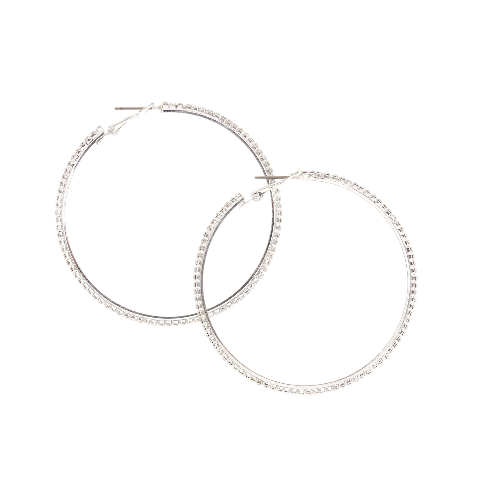 View Claires Faux Crystal Hoop Earrings Silver information