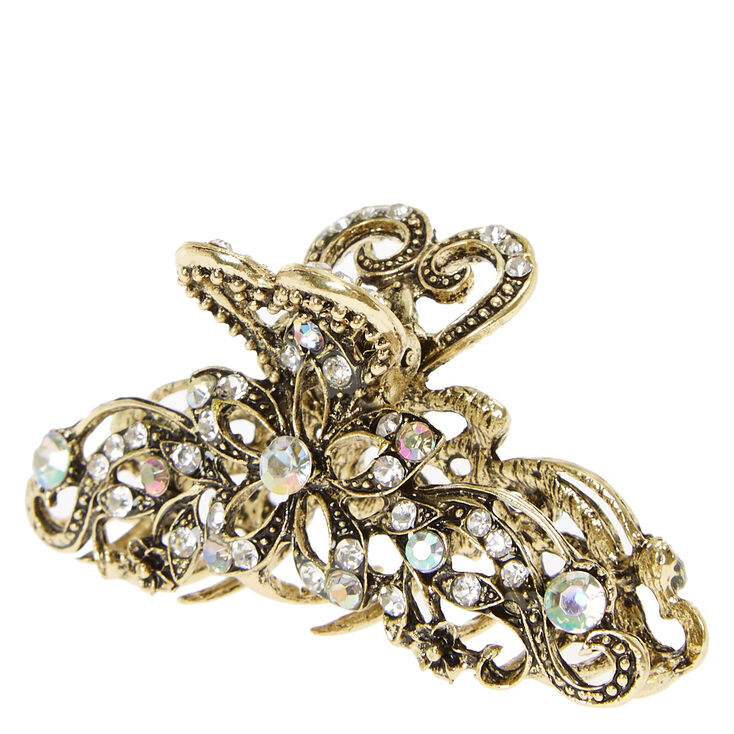 Burnished Gold &amp; Crystal Filigree Vintage Hair Claw,