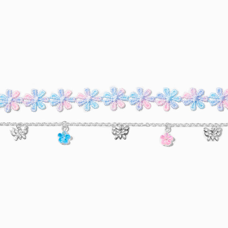 Pink &amp; Blue Flower Choker Necklaces - 2 Pack,