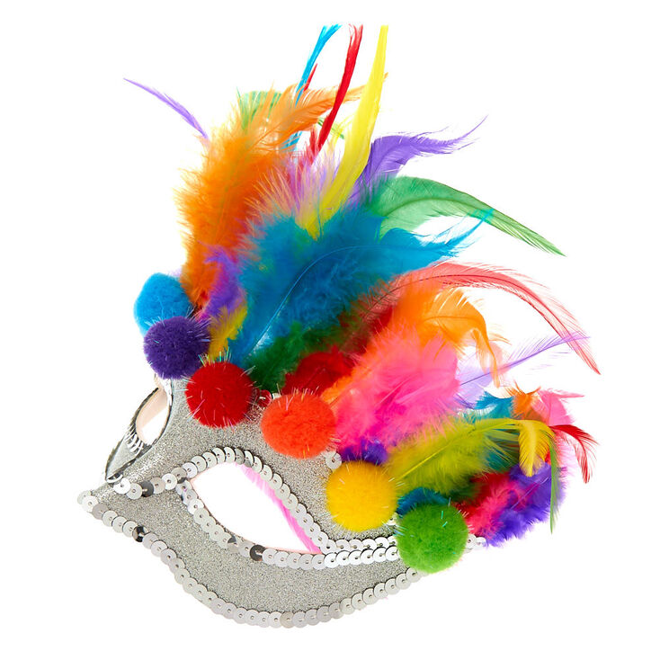 Rainbow Pom Pom Ball Feather Mask,