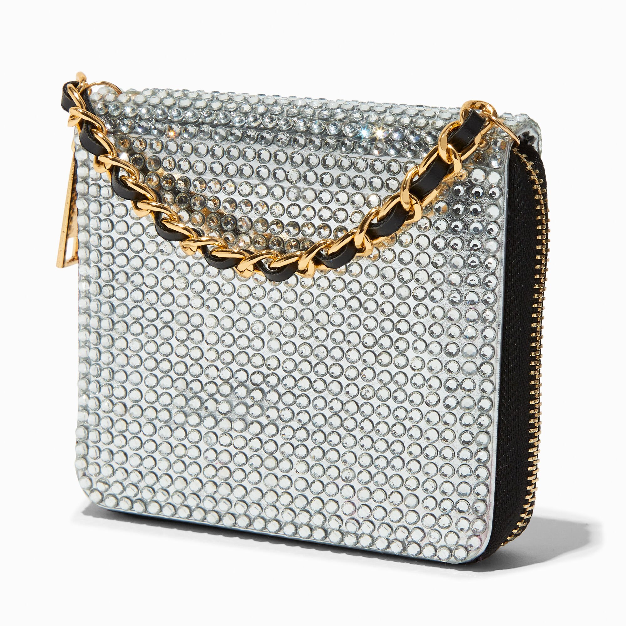 Silver Bling Chain Handle Zip Around Wallet,