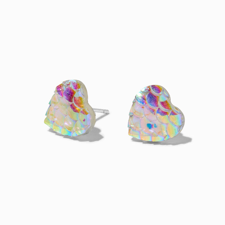Iridescent Fish Scale Heart Sterling Silver Post Stud Earrings ,