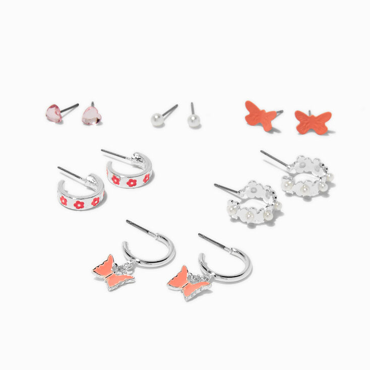 Pink Floral Butterfly Earrings Set - 6 Pack,