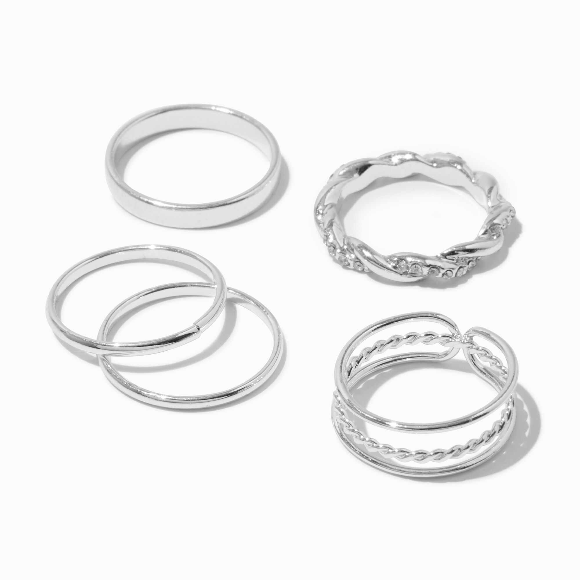 View Claires Tone Twisted Geometric Rings 4 Pack Silver information
