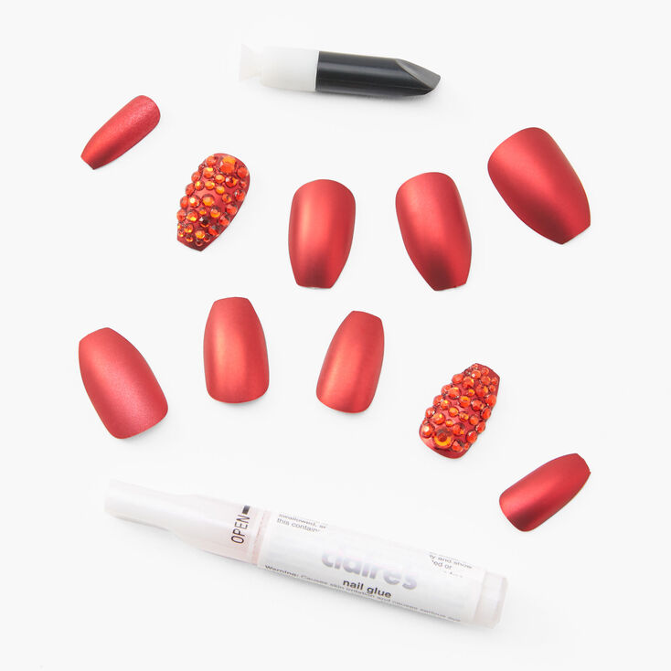 Faux ongles vegan ballerine rouges couleur chrom&eacute;e bling bling - Lot de 24,