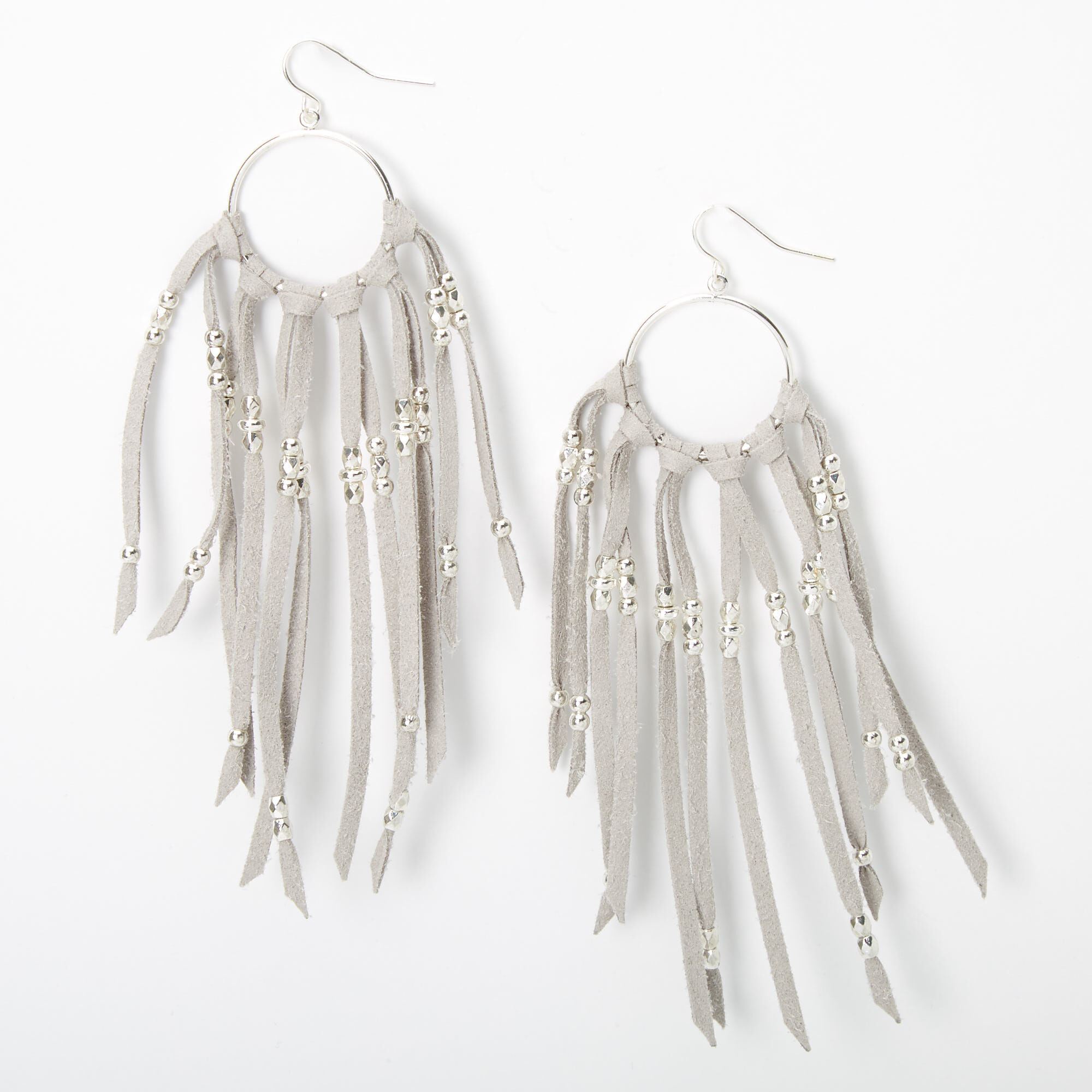 Silver 4" Suede Tassel Circle Drop Earrings - Grey,