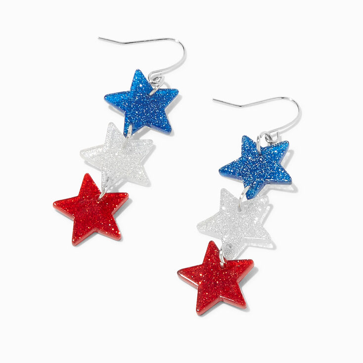 Red, White, &amp; Blue Triple Star Glitter Acrylic 1.5&quot; Drop Earrings,