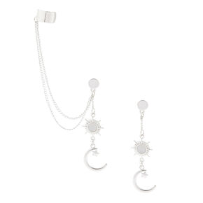 Silver-tone Celestial Ear Cuff Connector Chain Earrings,