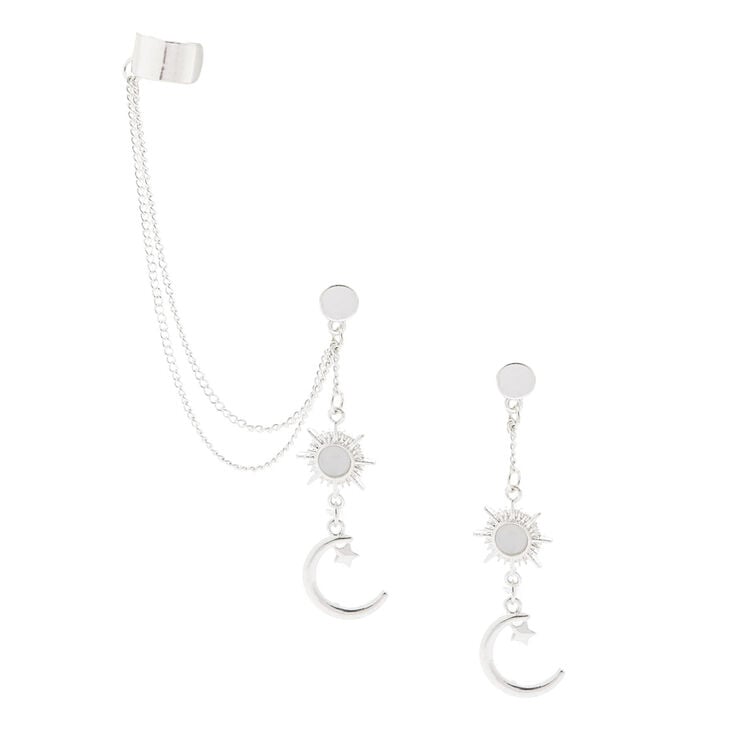 Silver-tone Celestial Ear Cuff Connector Chain Earrings,