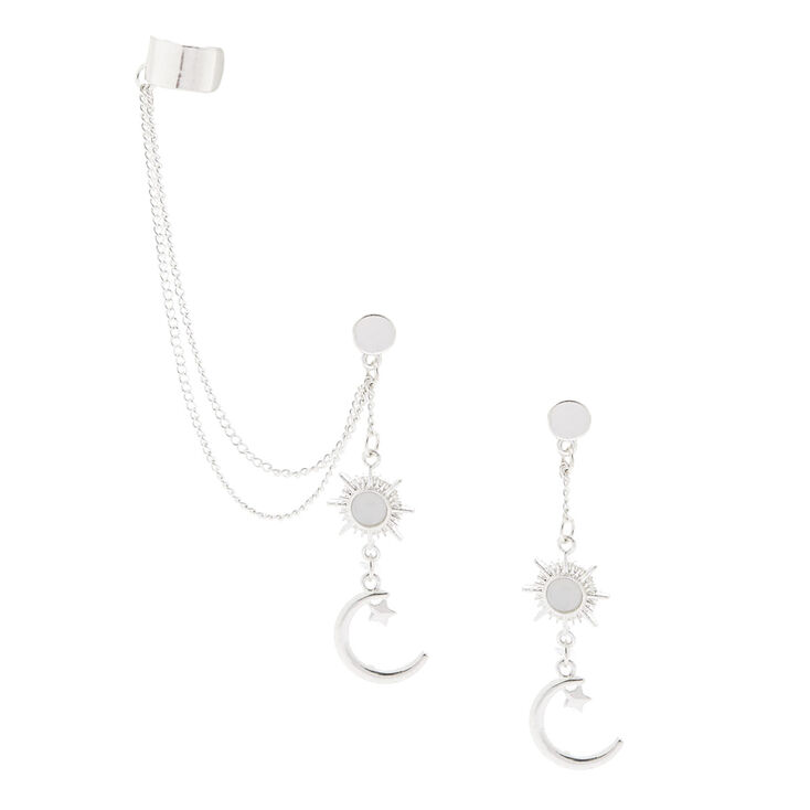Silver-tone Celestial Moon Ear Cuff Connector Chain Earrings,