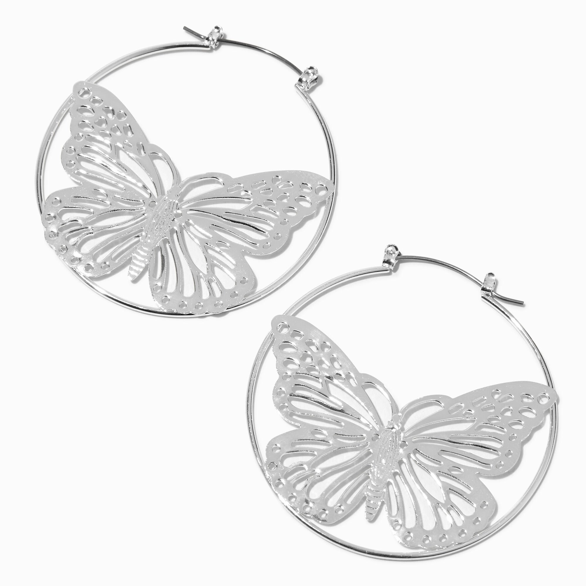 View Claires Tone Filigree Butterfly 50MM Hoop Earrings Silver information