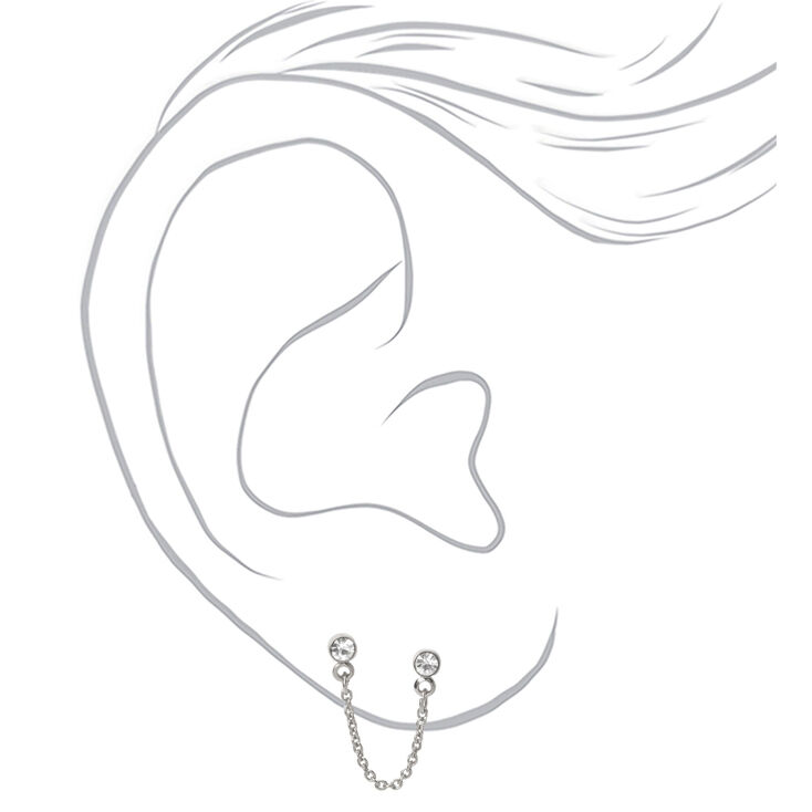 Silver Embellished Stone Connector Chain Stud Earrings,