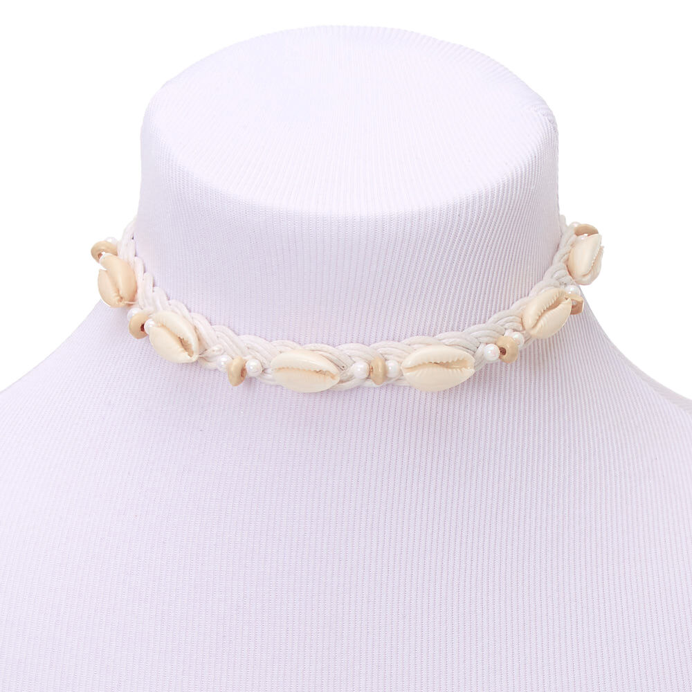 Pearl Cowrie Shell Braided Choker Necklace White