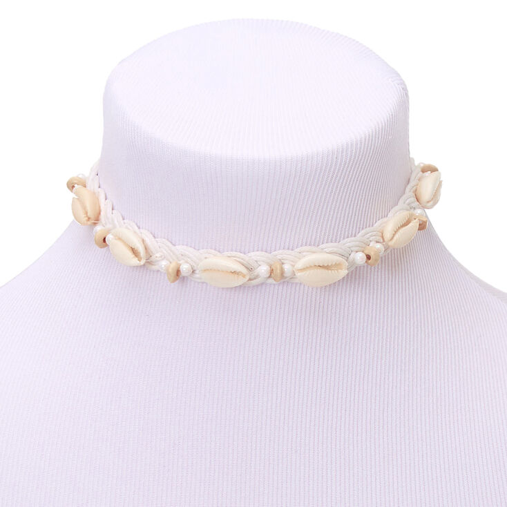 Pearl Cowrie Shell Braided Choker Necklace - White,