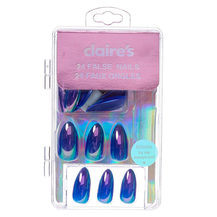 Electric Metallic Faux Nail Set - Blue, 24 Pack,