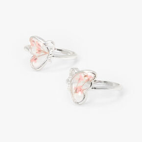 Silver Split Butterfly Pink Flower Rings - 2 Pack,