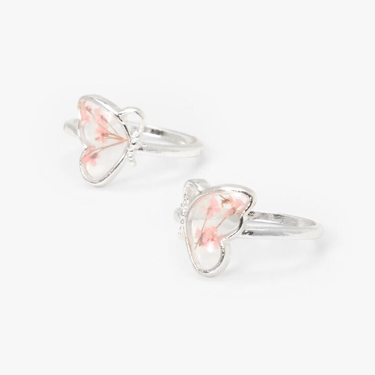 Silver Split Butterfly Pink Flower Rings - 2 Pack,