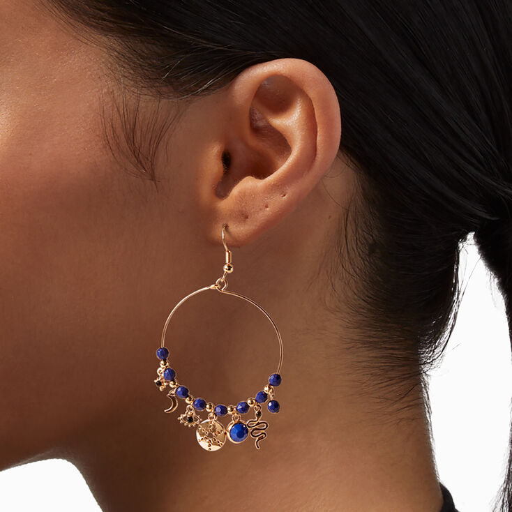 Gold Snake Charm Blue Bead 2&quot; Hoop Earrings,