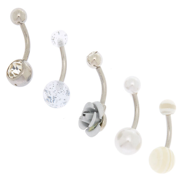 Silver 14G Pearl Rose Belly Rings - White, 5 Pack,
