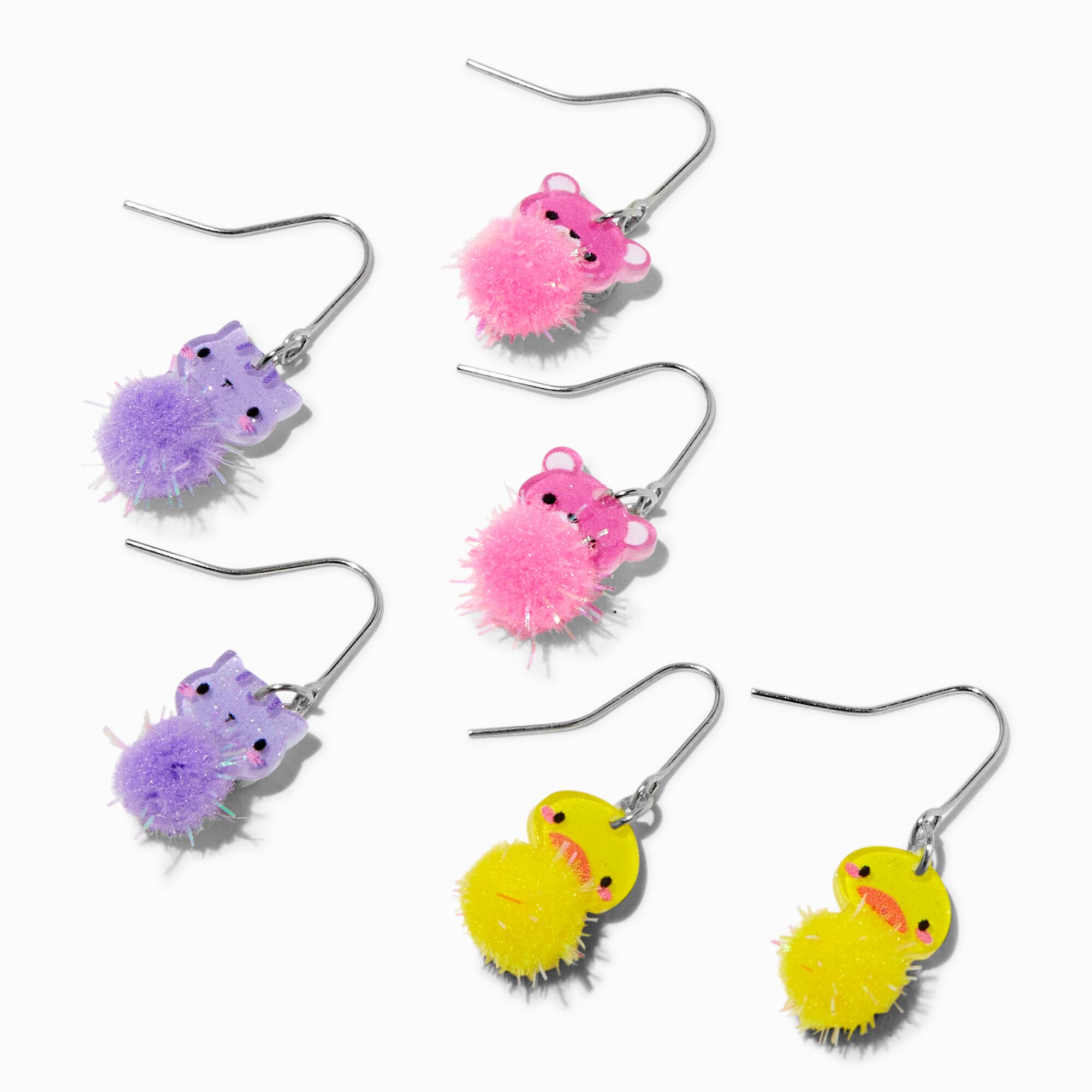 View Claires Pom Bear Cat Duck 05 Drop Earrings 3 Pack Silver information
