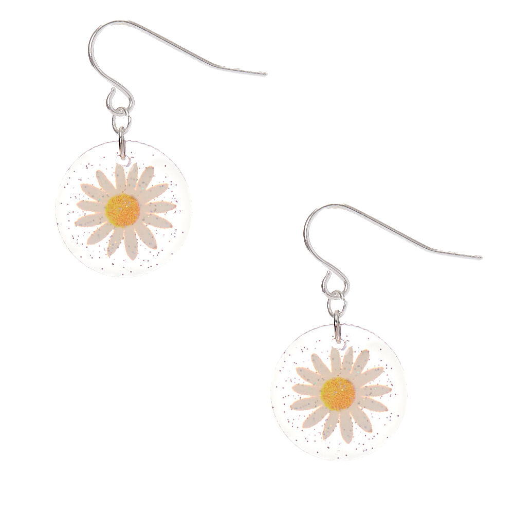 Silver 1 Glitter Pressed Daisy Drop Earrings